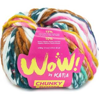 Katia Wow Chunky Boom 302 Rosa-Perle brombær-Citron gul Indhold: 75% akryl, 15% uld, 10% alpaca Vægt/længde: 100 g = ca. 75 meter Anbefalede pinde: 9-10 mm Strikkefasthed: 10 x 10 cm = 8 m x 12 p Vask: Maskinvask 30℃ / Tåler ikke tørretumbling.