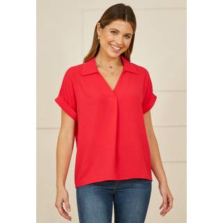 Yumi Yumi Red Stretch Relaxed Top With Collar