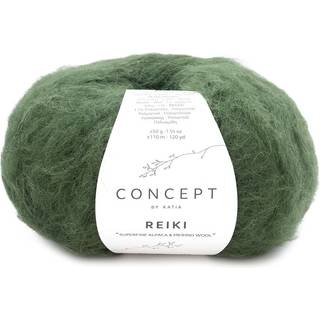 Katia Concept Reiki 116 Skovgrøn Indhold: 60% superfin alpaca, 29% merinould, 11% polyamid Vægt/længde:50 g = ca. 110 meter Anbefalede pinde: 5.5-6mm Strikkefasthed: 10 x 10 cm = 13 m x 20 p Vask: Finvask 30℃ / Tåler ikke tørretumbling.