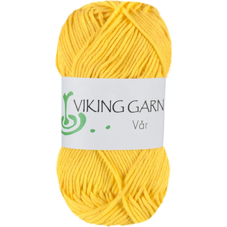 Viking Vår 441 Stærk gul Indhold: 100% Bomuld Vægt/længde: 50 gram = ca. 80 meter Anbefalede pinde: 4.50 mm Anbefalet hæklenål: 4 mm Strikkefasthed: 10 cm x 10 cm = 20 m Vask: Tåler maskinvask / Max 60°C / Skånevask / Tåler ikke skyllemiddel.