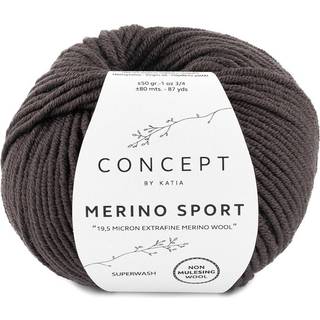 Katia Concept Merino Sport 064 Mørkebrun Indhold: 100% superwash merinould Vægt/længde: 50 g = ca. 80 meter Anbefalede pinde: 5-5.5 mm Strikkefasthed: 10 x 10 cm = 18 m x 24 p Vask: Finvask 30℃ / Kan tørretumbles.