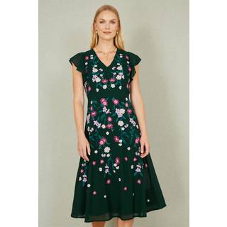 Yumi Yumi Green All Over Floral Print Embroidery Midi Skater Dress