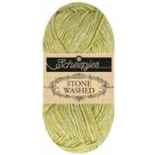 Scheepjes Stone Washed 850 Prehnite Indhold: 78% bomuld, 22% akryl Vægt/længde: 50 g = ca. 130 meter Anbefalede pinde: 3.00 - 3.50 mm Strikkefasthed: 10 x 10 cm = 24 m x 32 p Vask: Vaskes ved 40 grader skånevask.