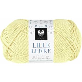 Dale LILLE Lerke 8177 Lys gul Indhold: 53% merinould, 47% bomuld Vægt/længde: 50 gram = ca. 142 meter Anbefalede pinde: 2.50 - 3.00 mm Strikkefasthed: 10 cm = 26-28 m Uldvask 30 °C, Brug vaskemiddel til uld/silke, Brug ikke skyllemiddel, Tørres fladt.