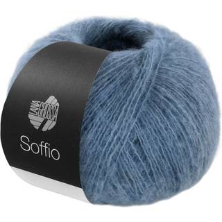 Lana Grossa Soffio 12 Dueblå Indhold: 60% merinould, 30% bomuld, 10% cashmere Vægt/Længde: 25 g = ca. 215 meter Anbefalede pinde: 3.50-4.00 mm Strikkefasthed: 10 x 10 cm = 29 m x 35 p Vask: Håndvask / Tørres fladt.