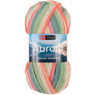 Viking Aurora 631 Multi grøn/orange/rosa Indhold: 75% superwash uld, 25% nylon Vægt/længde: 150 g = ca. 375 meter Anbefalede pinde: 3.5 mm Strikkefasthed: 10 cm = 22 m Vask: Maskinvask 40°C uden skyllemiddel / Tåler ikke tørretumbling.