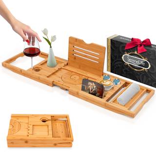 Serenelife bambus badekar caddy med justerbar l?ngde skridsikre h?ndtag integreret enhedsholder og vinglas slot - udvideligt design til behagelig