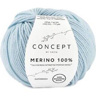 Katia Merino 100% 067 Himmelblå Indhold: 100% superwash merinould Vægt/længde: 50 gram = ca. 102 meter Anbefalede pinde: 4-4.5 mm Strikkefasthed: 10 cm x 10 cm = 23 m x 30 p Vask: Maskinvask ved 30ºC / Kan tørretumbles.