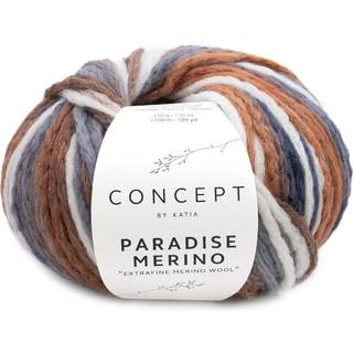 Katia Concept Paradise Merino 505 Ecru-Brun-Grå-Mørkegrå Indhold:93% ekstrafin merinould, 7% polyamid Vægt/længde: 50 g = ca 100 meter Anbefalede pinde: 7.00-8.00 mm Strikkefasthed: 10 x 10 cm = 14 m x 20 p Vask: Håndvask / Tåler ikke tørretumbling.
