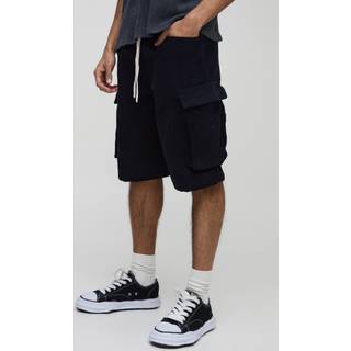 Mens Black Elasticated Waist Baggy Corduroy Cargo Shorts