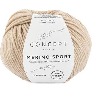 Katia Concept Merino Sport 009 Beige Indhold: 100% superwash merinould Vægt/længde: 50 g = ca. 80 meter Anbefalede pinde: 5-5.5 mm Strikkefasthed: 10 x 10 cm = 18 m x 24 p Vask: Finvask 30℃ / Kan tørretumbles.