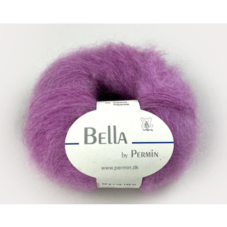 Permin Bella 90 Mulberry Indhold: 75% kid mohair, 20% uld, 5% polyamid Vægt/længde: 50 g = ca. 145 meter Anbefalede pinde: 6.00 mm Strikkefasthed: 10 x 10 cm = 14 m x 22 p Vask: Håndvask, max 30ºC.