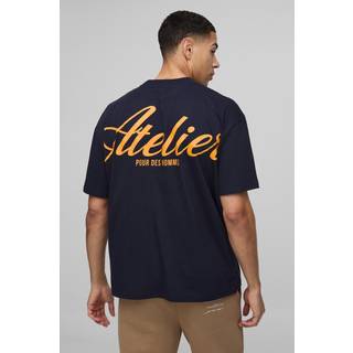 Mens Navy Oversized Extended Neck Atelier Over Seams Print T-Shirt