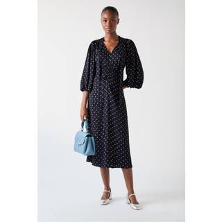 LK Bennett LK Bennett Blue Hester Viscose 40S Spot Tie Neck Gather Front Dress