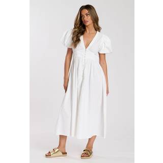 South Beach South Beach White Puff Sleeve Button Detail 100% Cotton Midi Dress