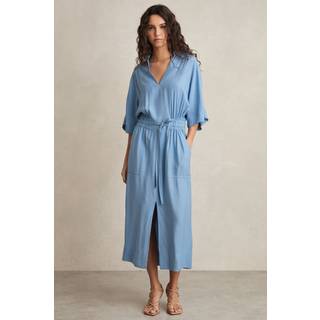 Reiss Reiss Blue Cecilia Shirred-Waist Midi Shirt Dress