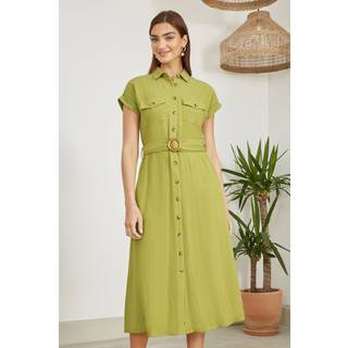Yumi Viscose Look Midi Skjortekjole Med Træ BælterEU 46 (UK 18)
