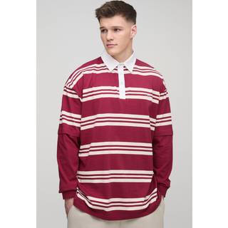 Mens Burgundy Tall Oversized Embroidered Faux Layer Stripe Polo