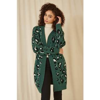 Yumi Yumi Green Animal Intarsia Long Cardigan