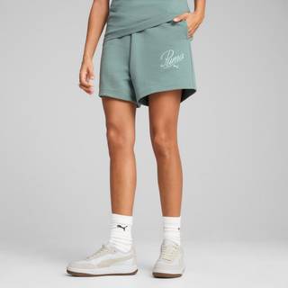 Women&#39;s Puma ESS SCRIPT 5&#34; High-Waist Shorts, Green, Size XS, Clothing - Green Moon - XS