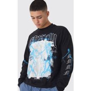 Mens Black Oversized Boxy Heavyweight Multi Cherub Print Long Sleeve T-Shirt