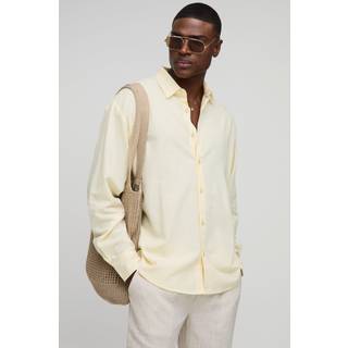 Mens Yellow Oversized Long Sleeve Collared Linen Blend Shirt