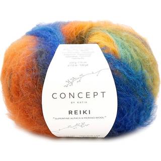 Katia Concept Reiki 205 Turkis-Orange-Khaki Indhold: 60% superfin alpaca, 29% merinould, 11% polyamid Vægt/længde:50 g = ca. 110 meter Anbefalede pinde: 5.5-6mm Strikkefasthed: 10 x 10 cm = 13 m x 20 p Vask: Finvask 30℃ / Tåler ikke tørretumbling.
