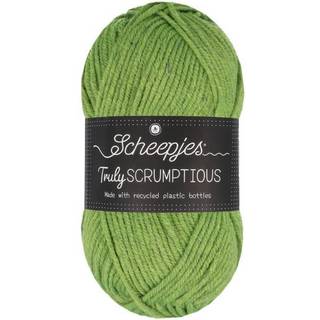 Scheepjes Truly Scrumptious 326 Matcha Chiffon Kage Indhold:50% Genbrugt polyester / 50% Akryl Vægt/længde:100 g = ca. 108 m Anbefalede pinde: 5 mm Strikkefasthed:13 masker x 18 pinde = 10 cm x 10 cm Kan maskinvaskes ved maks 30 grader, tørres fladt.