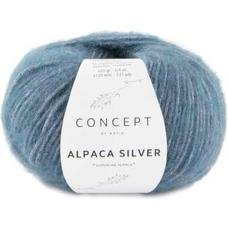 Katia Alpaca Silver 277 Blå-sølv Indhold:73% Alpaca, 20% polyamid, 7% polyester Vægt/længde:25 g = ca. 120 m Anbefalede pinde:4 - 4½ mm Strikkefasthed:10 cm x 10 cm = 19 m x 28 r Håndvask / Tørres fladt.