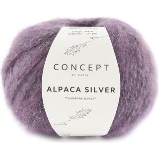 Katia Alpaca Silver 274 Syren-sølv Indhold:73% Alpaca, 20% polyamid, 7% polyester Vægt/længde:25 g = ca. 120 m Anbefalede pinde:4 - 4½ mm Strikkefasthed:10 cm x 10 cm = 19 m x 28 r Håndvask / Tørres fladt.