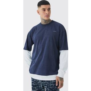 Mens Charcoal Tall Oversized Faux Long Sleeve Acid Wash T-Shirt