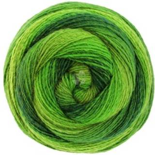 Lana Grossa Gomitolo Versione 447 Lysegrøn/Gulgrøn/Turkis/Mørkegrøn Indhold:60% ren, ny uld, 40% polyakryl Vægt/længde:200 g = ca. 700 meter Anbefalede pinde:4.5-5 mm Strikkefasthed:10 x 10 cm = 19 m x 24 p Vask:Finvask 30℃ / Tørres fladt.