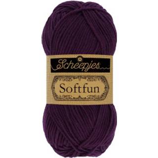 Scheepjes Softfun 2656 Aubergine Indhold: 60% Bomuld / 40% Akryl Vægt/længde: 50 gram = ca. 140 meter Anbefalede pinde: 3.50-4.00 mm Strikkefasthed: 10 cm = 21 x 30 m Maskinvask / Skåneprogram max 30°C.