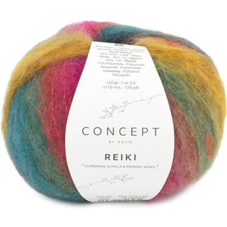 Katia Concept Reiki 200 Orange-Fuchsia-Grøn-Grøn blå-Oker Indhold: 60% superfin alpaca, 29% merinould, 11% polyamid Vægt/længde:50 g = ca. 110 meter Anbefalede pinde: 5.5-6mm Strikkefasthed: 10 x 10 cm = 13 m x 20 p Vask: Finvask 30℃ / Tåler ikke tørretumbling.