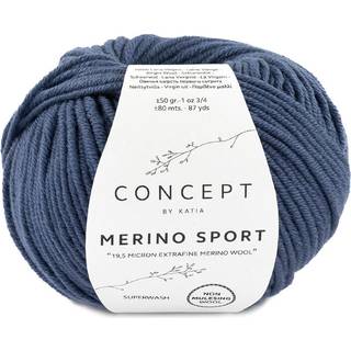Katia Concept Merino Sport 012 Dyp blå Indhold: 100% superwash merinould Vægt/længde: 50 g = ca. 80 meter Anbefalede pinde: 5-5.5 mm Strikkefasthed: 10 x 10 cm = 18 m x 24 p Vask: Finvask 30℃ / Kan tørretumbles.