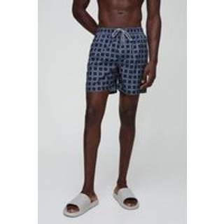 Mens Navy Mid Length Check Swim Short
