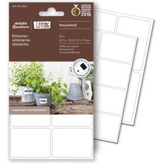 Avery 62025 Slidstærke etiketter, 47,5 x 35 mm, Hvid, Permanent 4 Ark m. 6 Labels