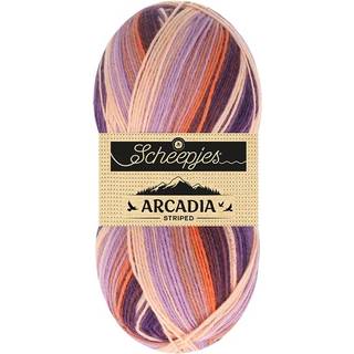 Scheepjes Arcadia 911 Twilight (Striped) Indhold: 75% Superwash uld /25% polyamid Vægt/længde: 100 gram = ca. 396 meter Anbefalede pinde: 2.5-3.0 mm Strikkefasthed: 10 x 10 cm = 36m x 44p Vask: Maskinvask 30 °C.