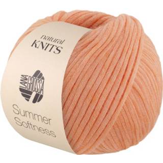 Lana Grossa Summer Softness 05 Abrikos Indhold:80% bomuld, 20% merinould Vægt/længde:50 g = ca. 130 meter Anbefalede pinde: 5.50-6.00 mm Strikkefasthed:10 x 10 cm = 17 m x 22 p Vask: Finvask max 30°C / Tørres fladt.