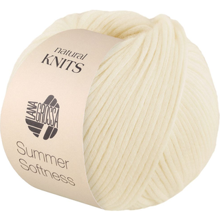 Lana Grossa Summer Softness 02 Creme Indhold:80% bomuld, 20% merinould Vægt/længde:50 g = ca. 130 meter Anbefalede pinde: 5.50-6.00 mm Strikkefasthed:10 x 10 cm = 17 m x 22 p Vask: Finvask max 30°C / Tørres fladt.