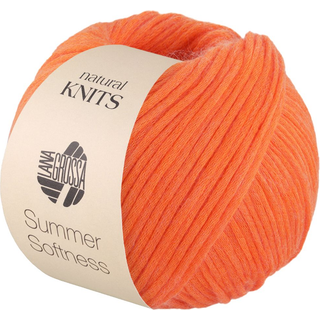 Lana Grossa Summer Softness 06 Græskar Indhold:80% bomuld, 20% merinould Vægt/længde:50 g = ca. 130 meter Anbefalede pinde: 5.50-6.00 mm Strikkefasthed:10 x 10 cm = 17 m x 22 p Vask: Finvask max 30°C / Tørres fladt.