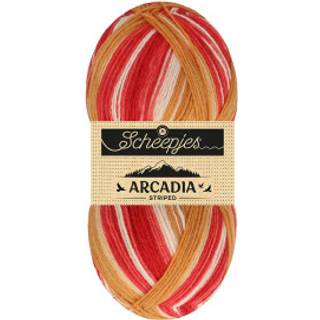 Scheepjes Arcadia 909 Arctic (Striped) Indhold: 75% Superwash uld /25% polyamid Vægt/længde: 100 gram = ca. 396 meter Anbefalede pinde: 2.5-3.0 mm Strikkefasthed: 10 x 10 cm = 36m x 44p Vask: Maskinvask 30 °C.