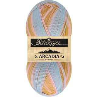 Scheepjes Arcadia 908 Hanami (Striped) Indhold: 75% Superwash uld /25% polyamid Vægt/længde: 100 gram = ca. 396 meter Anbefalede pinde: 2.5-3.0 mm Strikkefasthed: 10 x 10 cm = 36m x 44p Vask: Maskinvask 30 °C.