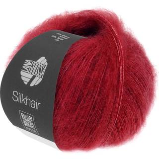 Lana Grossa Silkhair 208 Vinrød Indhold: 70% mohair, 30% silke Vægt/Længde: 25 g = ca. 210 meter Anbefalede pinde: 4.5-5 mm Strikkefasthed: 10 x 10 cm = 22 m x 27 p Vask:Håndvask / Tørres fladt.