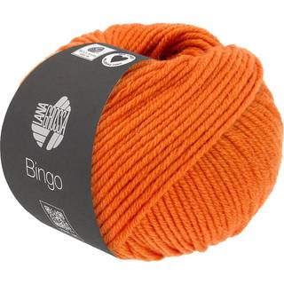 Lana Grossa Bingo 769 Neonorange Indhold:100% ren ny, ekstrafin merinould Vægt/Længde: 50 g = ca. 80 meter Anbefalede pinde: 4.5-5.5 mm Strikkefasthed: 10 x 10 cm = 16 m x 23 p Vask:Finvask 30º/ Tørres fladt.