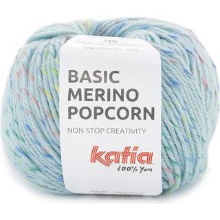 Katia Basic Merino Popcorn 205 Lys himmelblå-multifarvet Indhold:43% superwash merinould, 39% akryl, 18% bomuld Vægt/længde:50 g = ca. 102 meter Anbefalede pinde:4-4.5 mm Strikkefasthed:10 x 10 cm = 19 m x 24 p Vask:Finvask 30℃ / Kan tørretumbles.