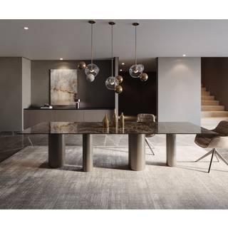 Esstisch Edge 300x100 Keramik Laminam® Emperador Extra Lucidato Dunkelbraun Pilier Metall Effektfinish Titan