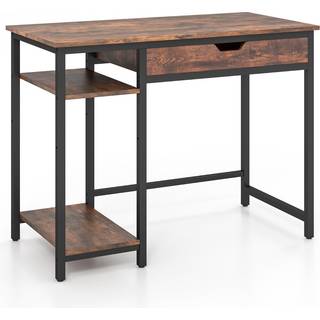 COSTWAY industrielt computerbord 100 x 50 x 76 cm med skuffe og justerbar hylde, 2 kroge, metalramme, brun