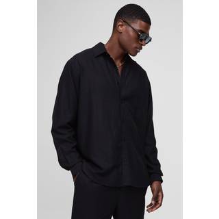 Mens Black Oversized Long Sleeve Collared Linen Blend Shirt