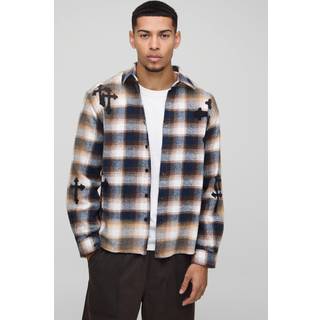 Mens Navy Oversized Cross Applique Bleached Check Shirt